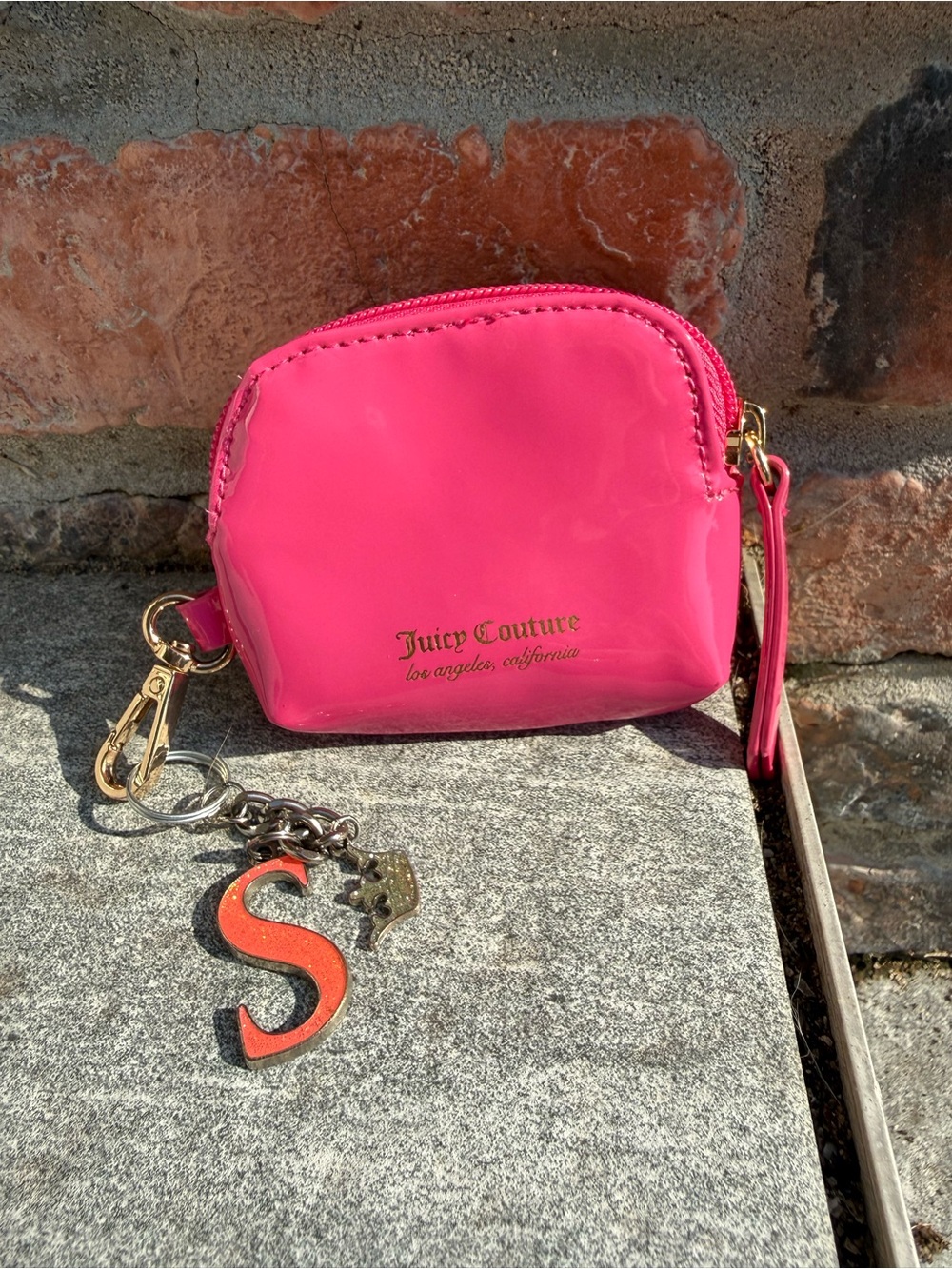 Juicy Couture Bright Pink Patent Key Pouch with Initial Charm